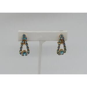 Aqua Blue Rhinestone Clip On Earrings Gold Tone Prong Set Vintage Dangle Loving